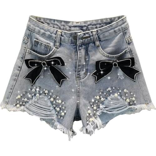 Bowknot heavy Bead High Waist Jeans Shorts Summer Denim Short Sexy Hole Ripped Casual Slim Denim Shorts Lady