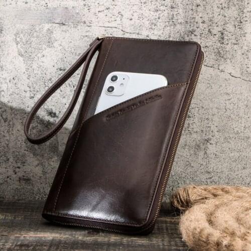 European and American Trends Business Travel Leather Clutch with Wrist Strap Multifunctional Zipper Wallet