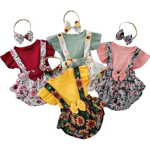 FOCUSNORM 3pcs Infant Baby Girls Clothes Sets 0-24M Ruffles Short Sleeve Solid T Shirts Flowers Bow Overalls Shorts Headband