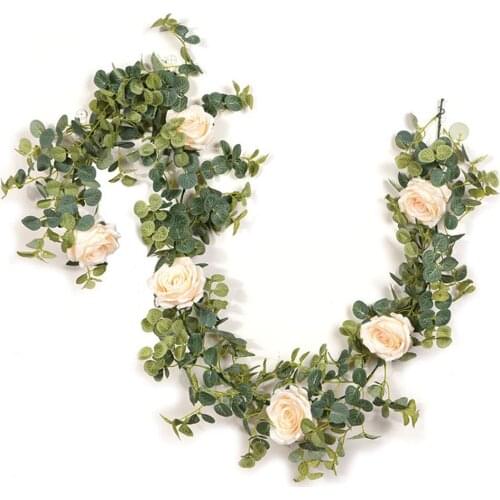 2M Roses Artificial Flowers Plants Fake Eucalyptus Vine Garland Hanging for Wedding Home Party Garden Craft Art Decor Flower