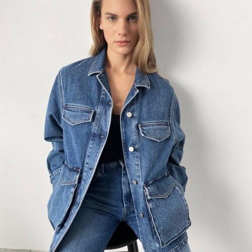 Korean 2021 Autumn New Lapel Pocket Commuter Loose Denim Jacket