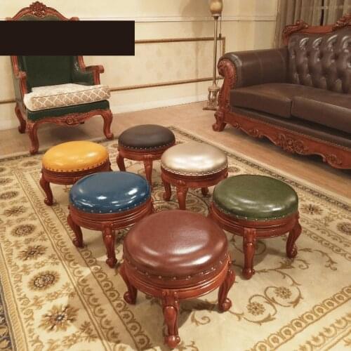 American Round Stool Solid Wood Shoe Stool Living Room Retro Coffee Table Stool Sofa Leather Bench European Small Stool Low