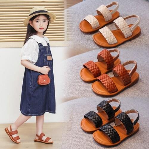 Summer Little Girls Sandals Comfortable Soft Bottom knit Children Sandal Boys Kids Shoes Flat Beach Sandals Black Brown Beige