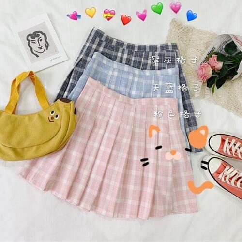 Sweet Womens Summer Casual Pleated Plaid Mini Skirt Empire Waist Short Skirt Fresh Blue & Pink & Gray Preppy Style