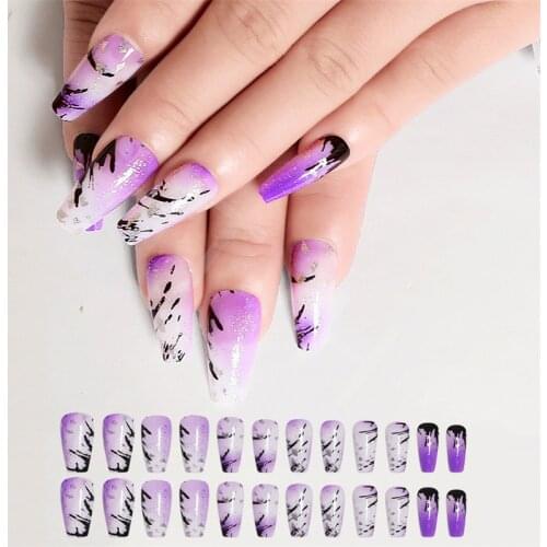 SM19-0302 Reusable 24PCS Set Jelly Gel Acrylic Long Coffin Press On Nails Full Cover Pre Designed Fake Nail Purple