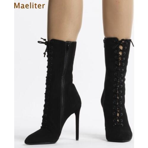 Fashionable Girls Runway Shoes Black Suede Pointed Toe Middle Boots Mid-calf Lace-up Concise Pumps Motorcycle Boots Dropship