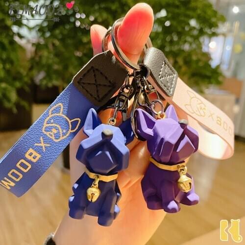 FIMAODZ Fashion Punk French Bulldog Keychain New Design PU Leather Dog Key Chains for Women Men Car Key Ring