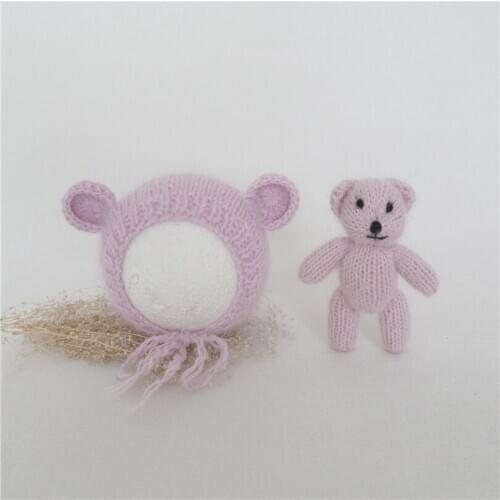 Soft Pink Newborn Toy and Hat Set Photography Props Stuffed Posing Toy Knitted Teddy Bear Photo Prop Lilac Newborn Girl Bonnet