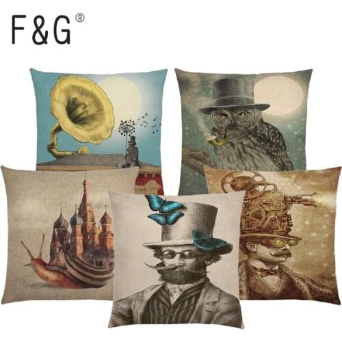 Cartoon Character Cushion Cover Balloon Submarine Telescope Steampunk Mechanical Gentleman Hat Owl Print Sofa Throw Pillowcase
