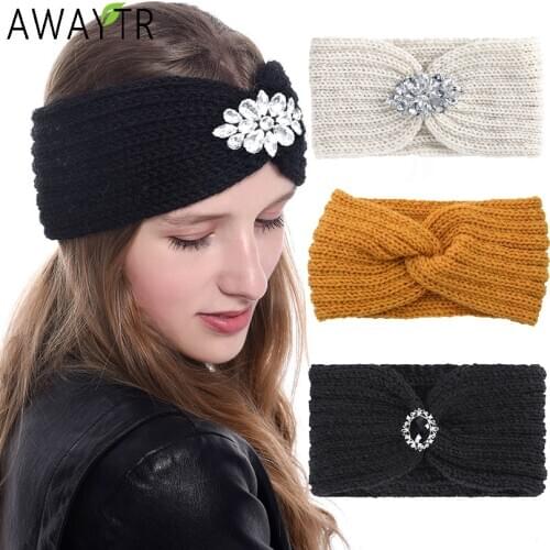 AWAYTR Rhinestone Knitted Knot Cross Headband For Women Headwraps Autumn Winter Girls Turban Elastic Hair Band Hair Accessories