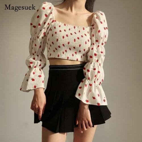 Print Strawberry Blouse Women Slash Neck Puff Sleeve Shirts Vintage Clothes White Black Yellow Party Off Shoulder Tops New 14369