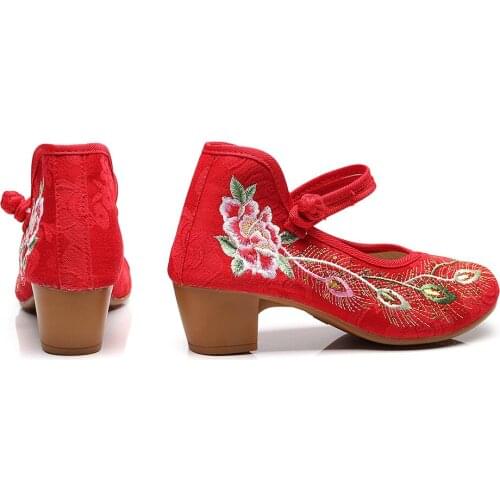 Retro Peacock Silk Embroidery Ladies Soft Canvas Block Heels Pumps 4.5cm Comfortable Cotton Mary Janes Chunky Shoes For Women