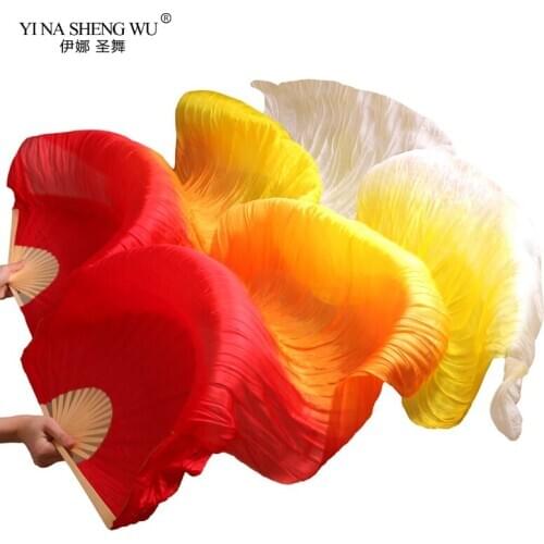 High Quality 100% Real Silk Veils 1Piece Right Hand/1 Pair Long Silk Fans Hand Made Colorful Belly Dance Accessory Fans on Sale