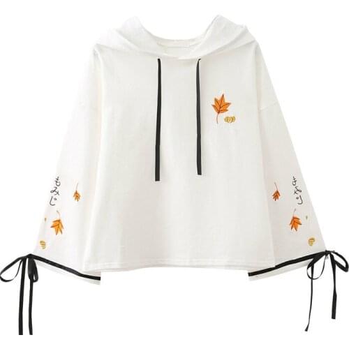 XUANHAO Women Floral Embroidery Hooded Sweatshirts Sweet Style Long Sleeve Pullover Tracksuits Femme Harajuku White Hoodies