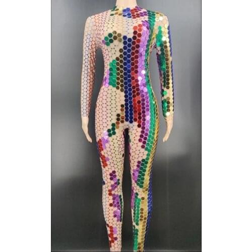 Colorful Mirrors Rhinestones Mesh Jumpsuit Womens Birthday Celebrate Outfit Evening Singer Prom Party event costume