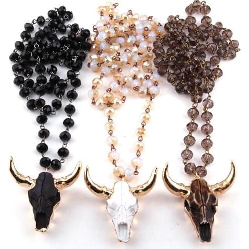Fashion Bohemian Jewelry 5*8 Crystal Rosary Chain Link Crystal 3 Color Horn Pendant Necklace For Women Ethnic Necklace