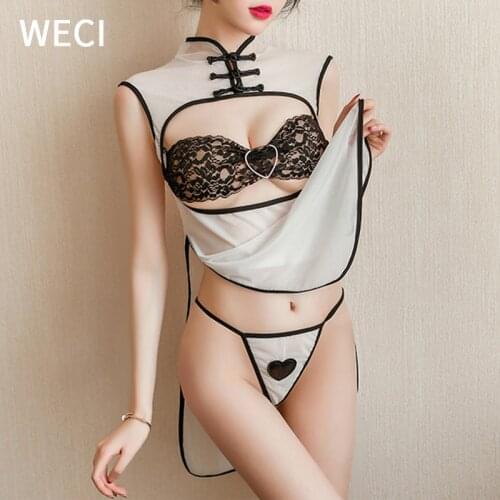 WECI New Sexy Female Cheongsam Lace Heart Wrapped Chest Lingerie Transparent Dress Erotic Dirndl Outfits Sex Costumes For Women