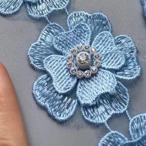 1 Yard 5cm Lace Trim Ribbon Blue Polyester Pearl Flower Embroidered Fabric Handmade Sewing Craft For Costume Hat Decoration