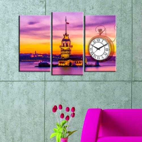 3 PCS With Clock Turkey Istanbul Maidens Tower Painting Canvas Table 81X50 CM