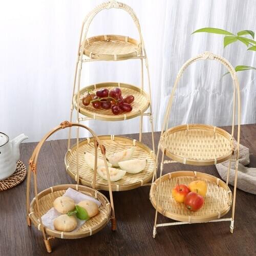 Bamboo woven fruit plate double-layer tea ceremony hanging basket bamboo basket antique dim sum basket Hanfu shooting props