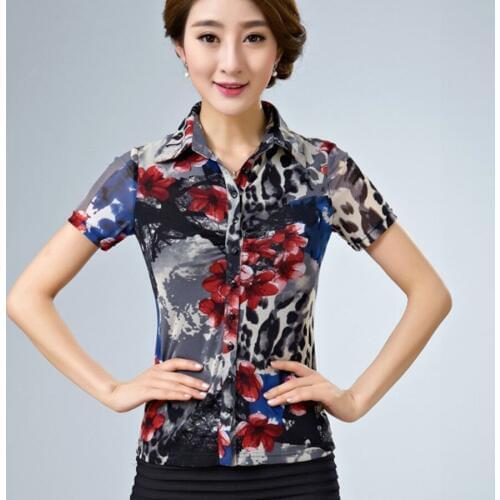 Casual Summer Woman Printed Flower Pattern Slim Stretch Short Sleeve Mesh Blouse Shirt , Female Women 3XL Pleated Blouses Shirts