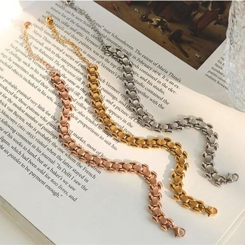 Ins Embossed Thick Flat Stainless Steel Gold Plated Bracelet Rose Gold Color Link Chain Fashion Women Jewelry