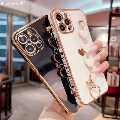 Luxury Plating Love Heart Same Bracelet Case For iPhone 11 12 Pro Xr Xs Max 12 Mini SE2 7 8 Plus Square Frame Shock Chain Covers