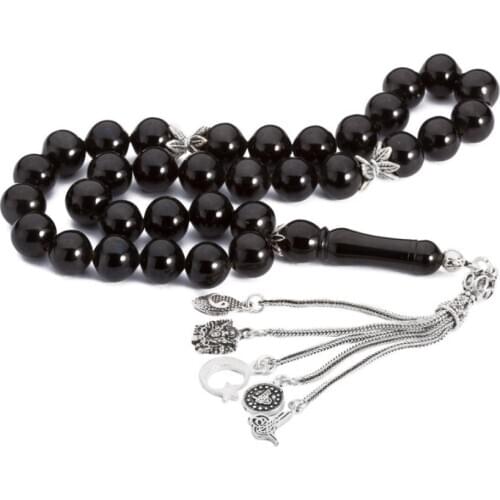 Natural Jet Stone Prayer Bead With Silver Tassel Men Rosary Islamic Tasbih With Turkish Ottoman Tassel 925 Sterling Silver