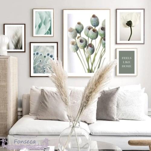 Blooming Flower Poppy Misty Palm Leaf Canvas Painting Nordic Natural Plant Feels Like Home Poster Wall Art Print Pictures