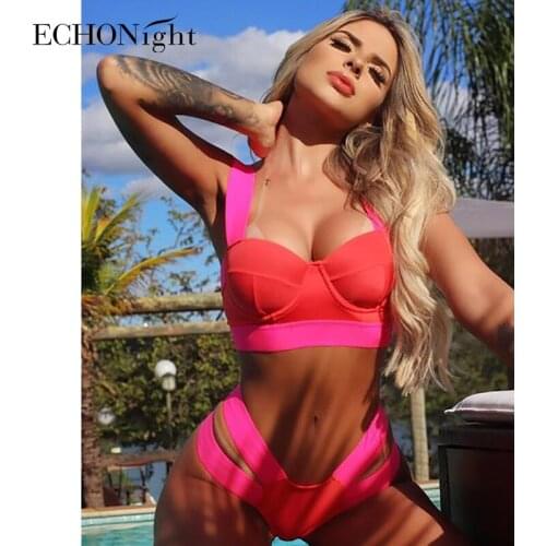Echonight Womens Swimwear 2021 Padded Bikini Neon Patchwork Bathing Suits Separate Swimsuit Female Set 2 Pcs Feminine Bikinis