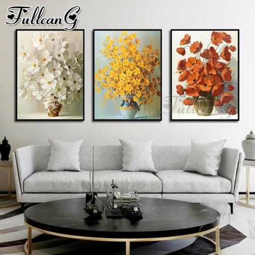 FULLCANG 5d diy diamond embroidery Yellow white flower diamond painting triptych full square round drill home decor FC2990