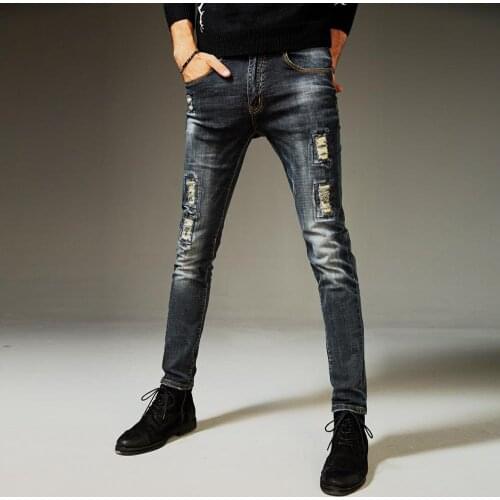 Free Shipping 2019 New mens male denim jeans Autumn elastic hole feet youth Korean self-cultivation pants winter trousers