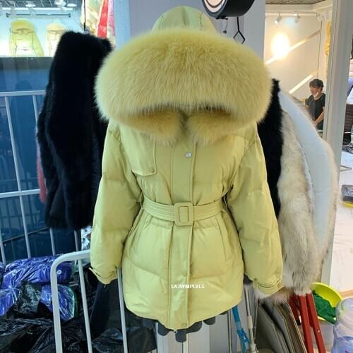 2020 New Winter Real Fox Fur Collar down jacket women with belt Hooded Parkas White Duck Down Coats Thick Warm Outerwear YR06
