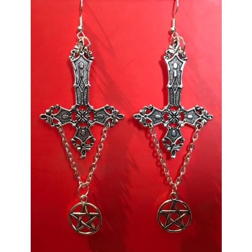 New Gothic Wicca Witchcraft Pentagram, Inverted Pentagram Earrings, Black Magic, Large Inverted Cross Earrings,Satanic jewellery
