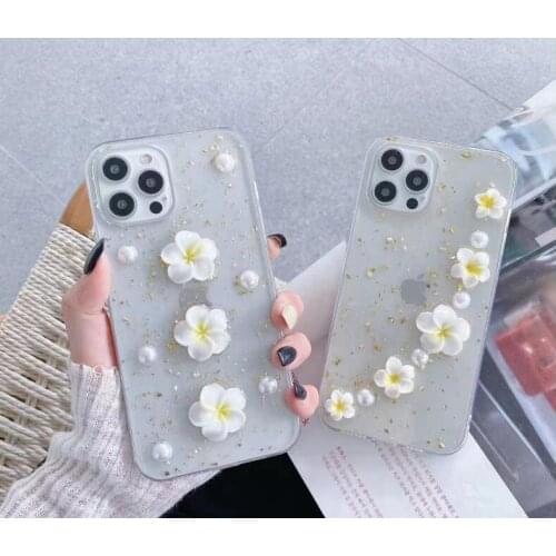 Transparent Pearl Flower Phone Case for iPhone 12 11 Pro Max Xr Max Xs 7 8 Plus Glitter Thin Foil Tpu Case Back Cover