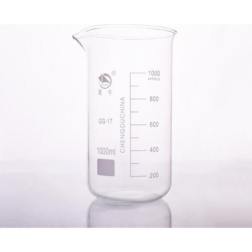 Beaker in tall form,Capacity 1000ml,Outer diameter=98mm,Height=198mm,Laboratory beaker