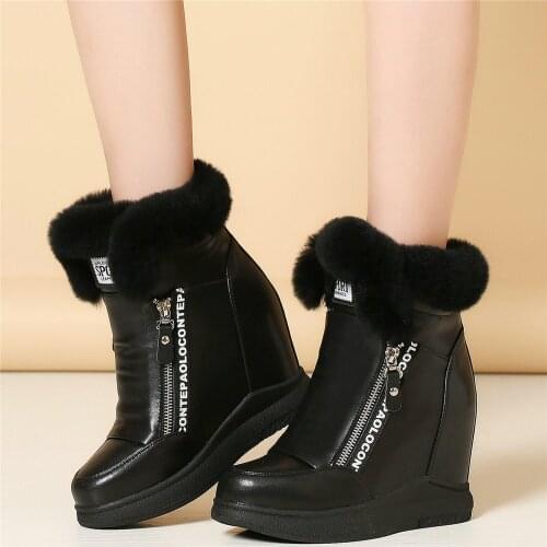 High Top Pumps Women Genuine Leather Wedges High Heel Snow Boots Female Warm Rabbit Fur Round Toe Fashion Sneakers Casual Shoes