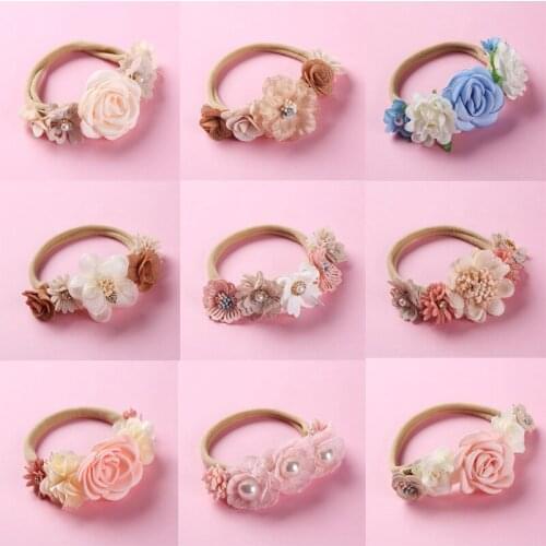 Pearl Baby Headbands Flower For Girls Handmade Bundle Nylon Elastic Bandage Baby Hairband Headdress Newborn Hair Accessories