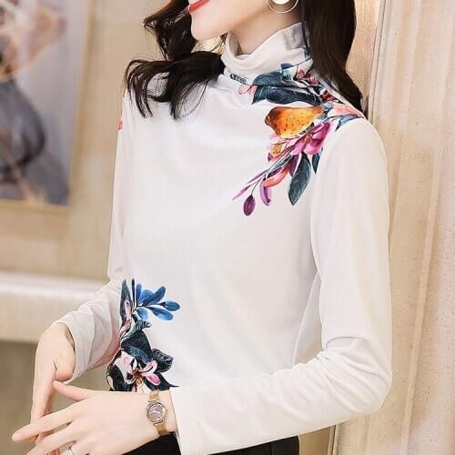 Fall Spring Women Clothing Fashion Turtleneck Floral Printed White Velvet Top T Shirt , Woman 3xl Velour Tops Tshirts