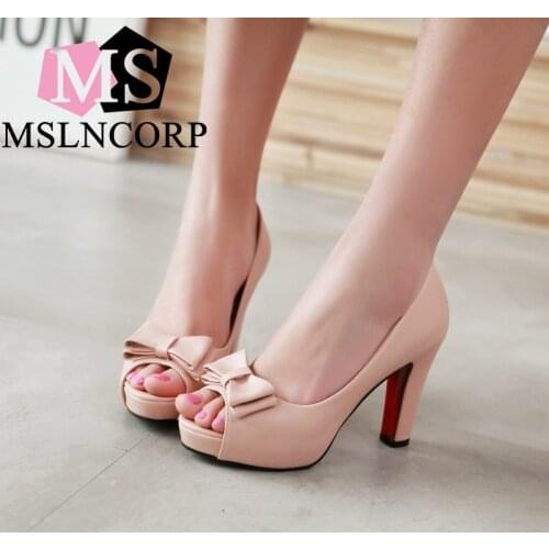 Plus size 34-43 new sandals Bowtie women high heels valentine platform peep toe fashion slip on solid party Dress Pumps shoes