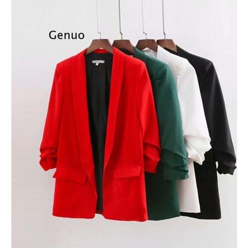Ruched Cuff Women Spring Autumn Blazers Three Quarter Sleeve Office Lady Solid Suit Jacket Shawl Collar Pockets Coat for Female