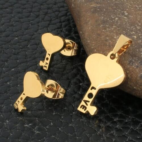 Fashion KEY Style Stainless Steel Jewelry Sets For Women Gold Color Pendants And Earrings SFXZBLAF