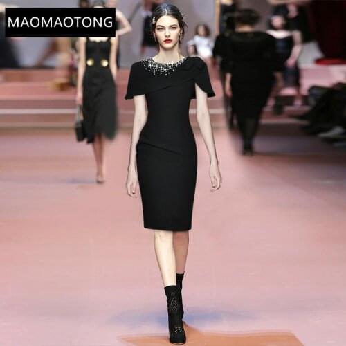 Fashion Runway Designer Summer Slim Knee-Length Dress Womens Black Round neck Beading Sheath Party Dress