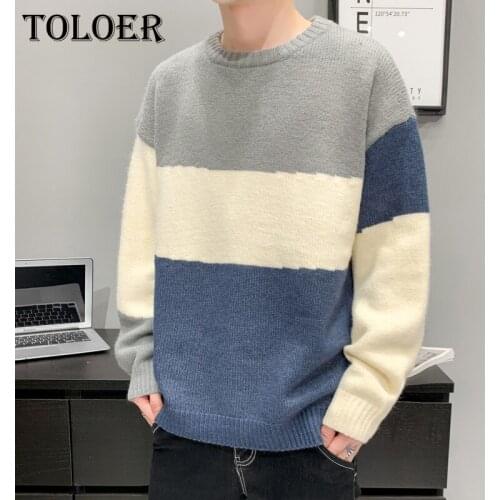 Winter Mens Patchwork Hit Color Knitted Sweaters Fashion Loose Long Sleeve Pullovers Warm Casual 2021 Male Comfortable Sweater