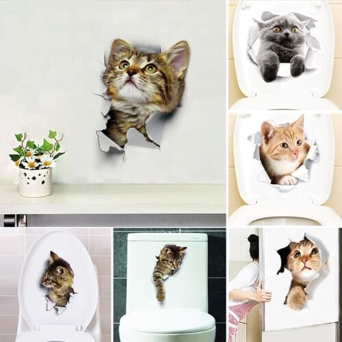 1Pcs 3D Cats Toilet Stickers Home Decoration DIY Wc Washroom Pvc Posters Kitten Puppy Cartoon Wall Art Decals 25*16.5CM
