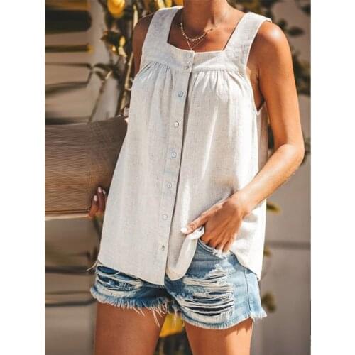 2021 Summer Womens Vest Top Elegant Square Collar Sleeveless Loose Solid Color Top Fashion Casual Single-breasted Street Shirt
