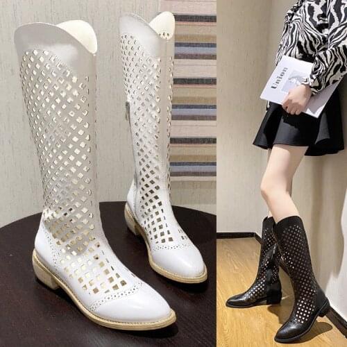 White Net Hollow Knee High Boots Womens Sandalias Summer Middle Heel New Sandals Cool Boots Pointed Zip Leather Martin Boots