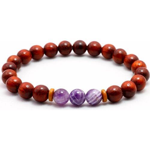 New Design Natural Red Sanders Wood Beads with Natural Purple Crystal Beaded Bracelet For Women and Men Unique Yoga Jewelry