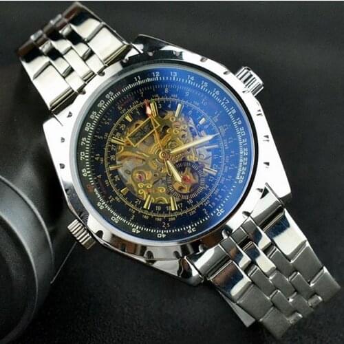 JARAGAR Golden Skeleton Watches Men Luxury Brand Silver Stainless Steel Auto Self-wind Mechanical Watch Sport Relogio Masculino