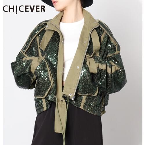 CHICEVER Army Green Jacket For Women Turtleneck Long Sleeve Patchwork Hit Color Pockets Casual Coats Female 2020 Fashion Clothes